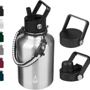 BJPKPK Insulated Water Bottles with Straw Lid, 50oz Large Water Jug, Stainless Steel Vacuum Bottles, Hot & Cold Thermos with 3 Lids and Paracord Handle,Stainless Steel