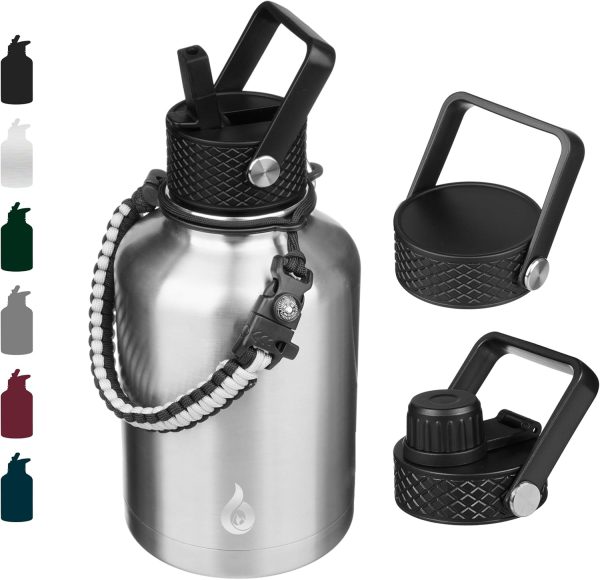 BJPKPK Insulated Water Bottles with Straw Lid, 50oz Large Water Jug, Stainless Steel Vacuum Bottles, Hot & Cold Thermos with 3 Lids and Paracord Handle,Stainless Steel