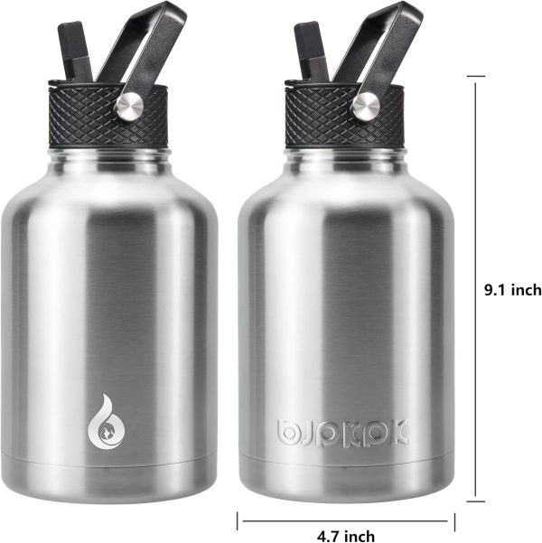 BJPKPK Insulated Water Bottles with Straw Lid, 50oz Large Water Jug, Stainless Steel Vacuum Bottles, Hot & Cold Thermos with 3 Lids and Paracord Handle,Stainless Steel - Image 2