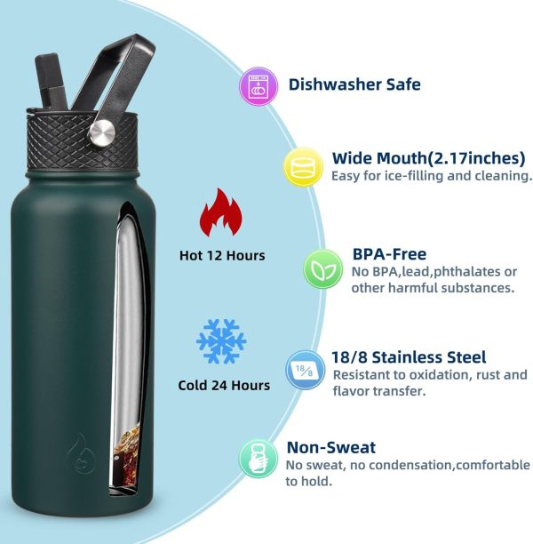 BJPKPK Insulated Water Bottles with Straw Lid, 50oz Large Water Jug, Stainless Steel Vacuum Bottles, Hot & Cold Thermos with 3 Lids and Paracord Handle,Stainless Steel - Image 50