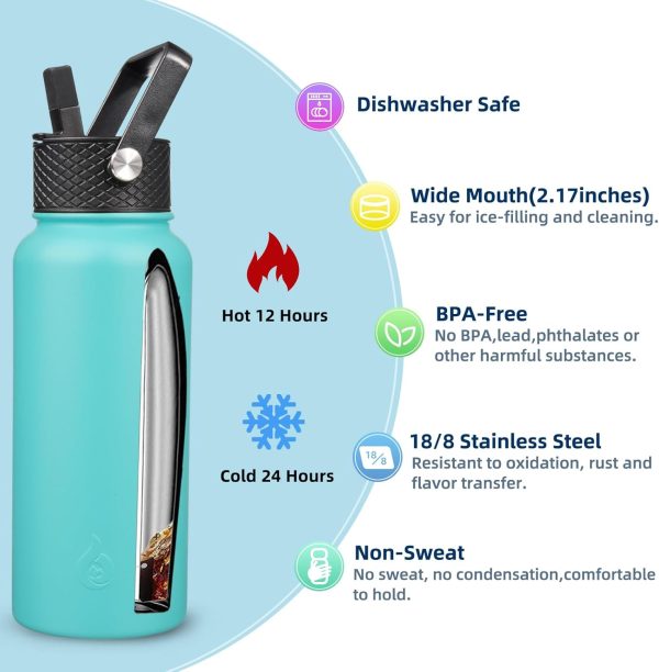 BJPKPK Insulated Water Bottles with Straw Lid, 50oz Large Water Jug, Stainless Steel Vacuum Bottles, Hot & Cold Thermos with 3 Lids and Paracord Handle,Stainless Steel - Image 73