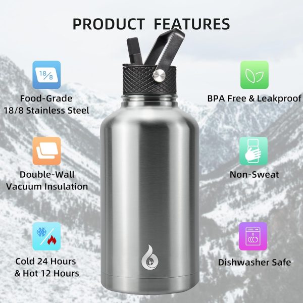 BJPKPK Insulated Water Bottles with Straw Lid, 50oz Large Water Jug, Stainless Steel Vacuum Bottles, Hot & Cold Thermos with 3 Lids and Paracord Handle,Stainless Steel - Image 108