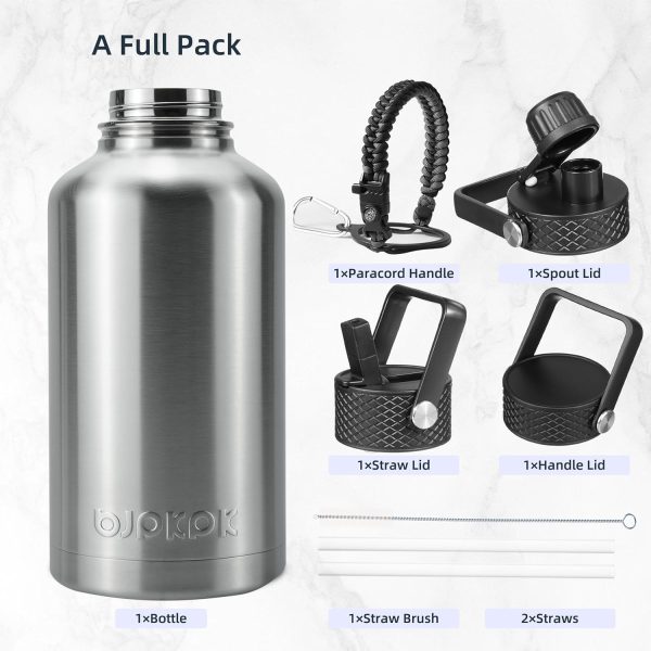 BJPKPK Insulated Water Bottles with Straw Lid, 50oz Large Water Jug, Stainless Steel Vacuum Bottles, Hot & Cold Thermos with 3 Lids and Paracord Handle,Stainless Steel - Image 109