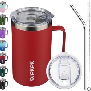 BJPKPK Insulated Coffee Mug with 2 Lids, 25oz Stainless Steel Insulated Tumbler with Handle, Double Wall Vacuum Coffee Cup, BPA Free Leak Proof Thermos for Travel & Home, Red