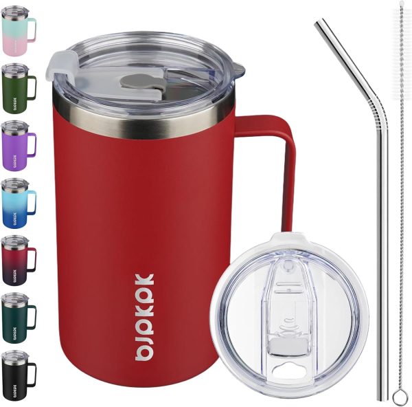BJPKPK Insulated Coffee Mug with 2 Lids, 25oz Stainless Steel Insulated Tumbler with Handle, Double Wall Vacuum Coffee Cup, BPA Free Leak Proof Thermos for Travel & Home, Red