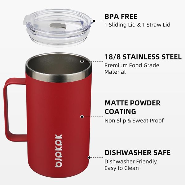 BJPKPK Insulated Coffee Mug with 2 Lids, 25oz Stainless Steel Insulated Tumbler with Handle, Double Wall Vacuum Coffee Cup, BPA Free Leak Proof Thermos for Travel & Home, Red - Image 2