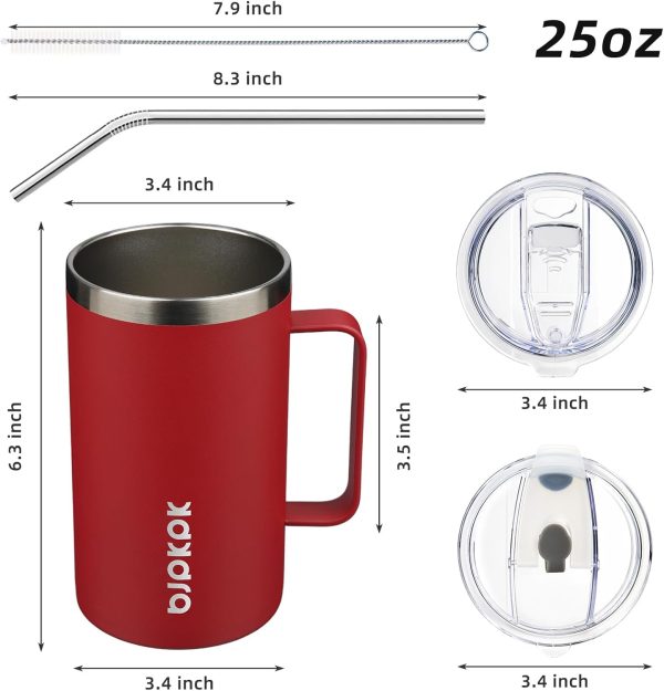 BJPKPK Insulated Coffee Mug with 2 Lids, 25oz Stainless Steel Insulated Tumbler with Handle, Double Wall Vacuum Coffee Cup, BPA Free Leak Proof Thermos for Travel & Home, Red - Image 5