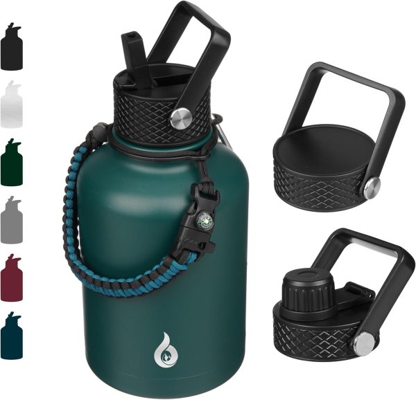 BJPKPK Insulated Water Bottles with Straw Lid, 50oz Large Water Jug, Stainless Steel Vacuum Bottles, Hot & Cold Thermos with 3 Lids and Paracord Handle,Stainless Steel - Image 132