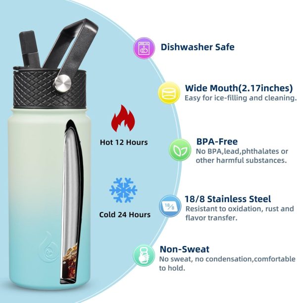 BJPKPK Insulated Water Bottles with Straw Lid, 50oz Large Water Jug, Stainless Steel Vacuum Bottles, Hot & Cold Thermos with 3 Lids and Paracord Handle,Stainless Steel - Image 140