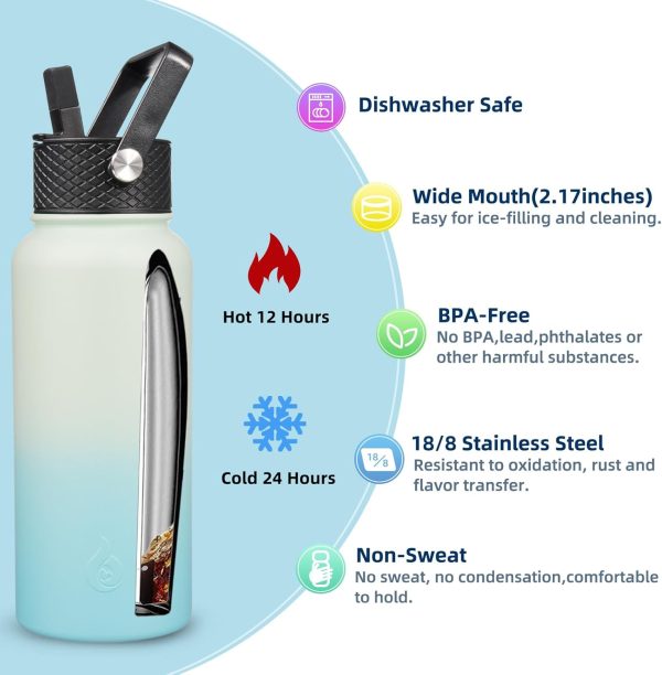 BJPKPK Insulated Water Bottles with Straw Lid, 50oz Large Water Jug, Stainless Steel Vacuum Bottles, Hot & Cold Thermos with 3 Lids and Paracord Handle,Stainless Steel - Image 150