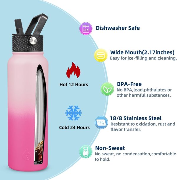 BJPKPK Insulated Water Bottles with Straw Lid, 50oz Large Water Jug, Stainless Steel Vacuum Bottles, Hot & Cold Thermos with 3 Lids and Paracord Handle,Stainless Steel - Image 156