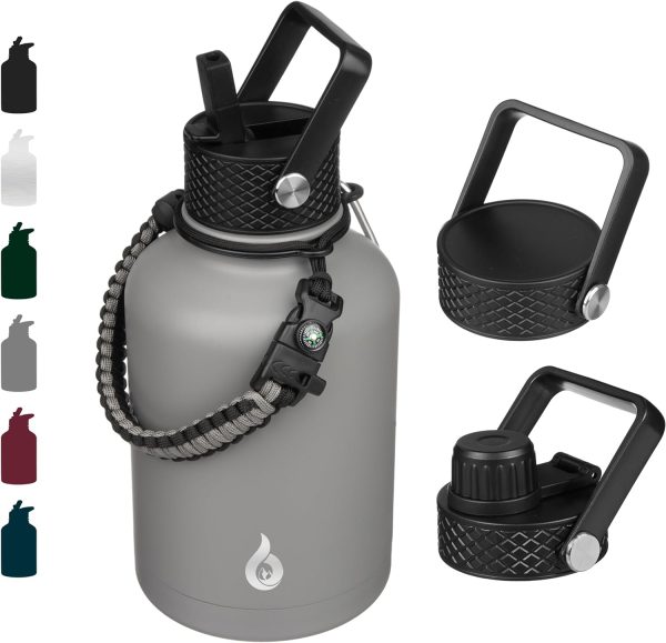 BJPKPK Insulated Water Bottles with Straw Lid, 50oz Large Water Jug, Stainless Steel Vacuum Bottles, Hot & Cold Thermos with 3 Lids and Paracord Handle,Stainless Steel - Image 175