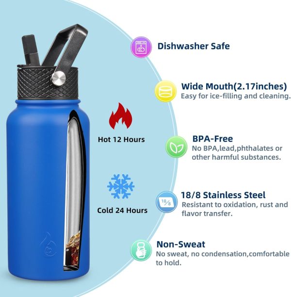 BJPKPK Insulated Water Bottles with Straw Lid, 50oz Large Water Jug, Stainless Steel Vacuum Bottles, Hot & Cold Thermos with 3 Lids and Paracord Handle,Stainless Steel - Image 195