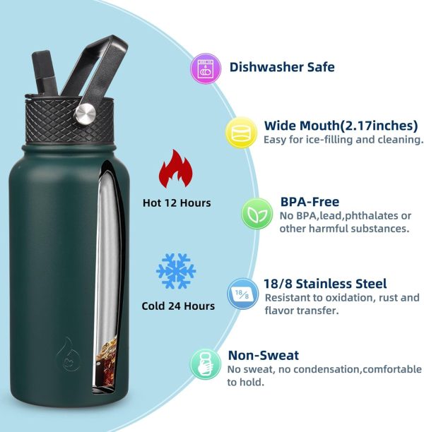 BJPKPK Insulated Water Bottles with Straw Lid, 50oz Large Water Jug, Stainless Steel Vacuum Bottles, Hot & Cold Thermos with 3 Lids and Paracord Handle,Stainless Steel - Image 204