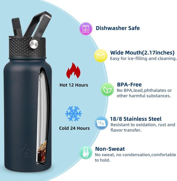 BJPKPK Insulated Water Bottles with Straw Lid, 50oz Large Water Jug, Stainless Steel Vacuum Bottles, Hot & Cold Thermos with 3 Lids and Paracord Handle,Stainless Steel - Image 209