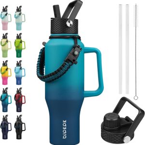 BJPKPK Insulated Water Bottles with Straw Lid, 35oz Metal Water Bottle with 2 lids & Paracord Strap, Double Wall Stainless Steel Tumbler with Handle, Reusable Cups, Mugs, Thermos, Sea