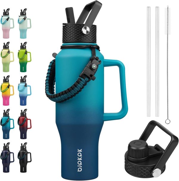 BJPKPK Insulated Water Bottles with Straw Lid, 35oz Metal Water Bottle with 2 lids & Paracord Strap, Double Wall Stainless Steel Tumbler with Handle, Reusable Cups, Mugs, Thermos, Sea