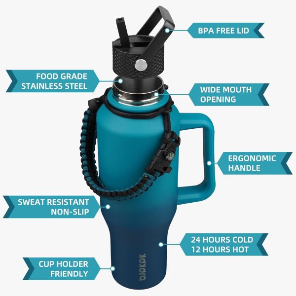BJPKPK Insulated Water Bottles with Straw Lid, 35oz Metal Water Bottle with 2 lids & Paracord Strap, Double Wall Stainless Steel Tumbler with Handle, Reusable Cups, Mugs, Thermos, Sea - Image 2