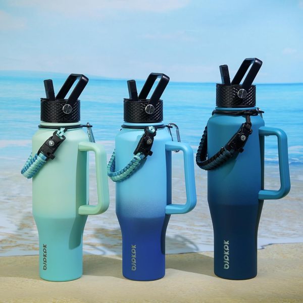 BJPKPK Insulated Water Bottles with Straw Lid, 35oz Metal Water Bottle with 2 lids & Paracord Strap, Double Wall Stainless Steel Tumbler with Handle, Reusable Cups, Mugs, Thermos, Sea - Image 6