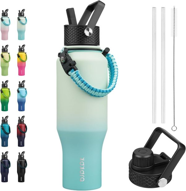BJPKPK Insulated Water Bottles with Straw Lid, 35oz Metal Water Bottle with 2 lids & Paracord Strap, Double Wall Stainless Steel Tumbler with Handle, Reusable Cups, Mugs, Thermos, Sea - Image 8