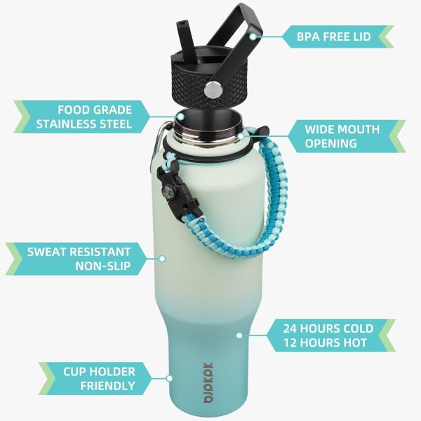 BJPKPK Insulated Water Bottles with Straw Lid, 35oz Metal Water Bottle with 2 lids & Paracord Strap, Double Wall Stainless Steel Tumbler with Handle, Reusable Cups, Mugs, Thermos, Sea - Image 9