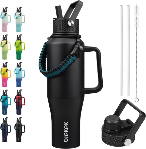 BJPKPK Insulated Water Bottles with Straw Lid, 35oz Metal Water Bottle with 2 lids & Paracord Strap, Double Wall Stainless Steel Tumbler with Handle, Reusable Cups, Mugs, Thermos, Sea - Image 13