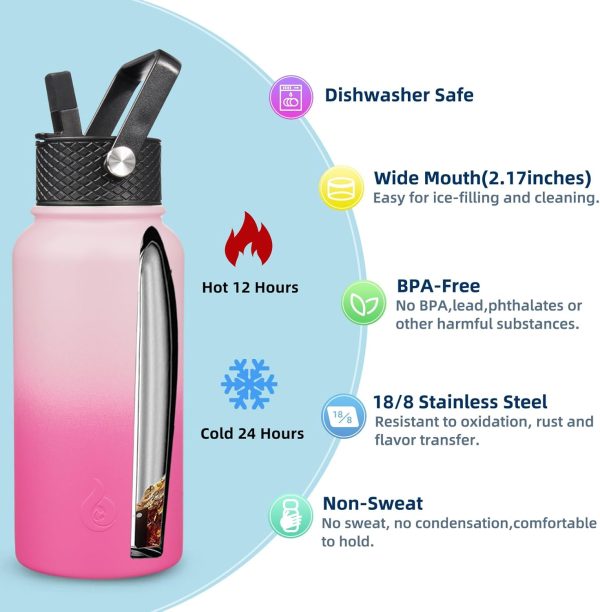 BJPKPK Insulated Water Bottles with Straw Lid, 50oz Large Water Jug, Stainless Steel Vacuum Bottles, Hot & Cold Thermos with 3 Lids and Paracord Handle,Stainless Steel - Image 236