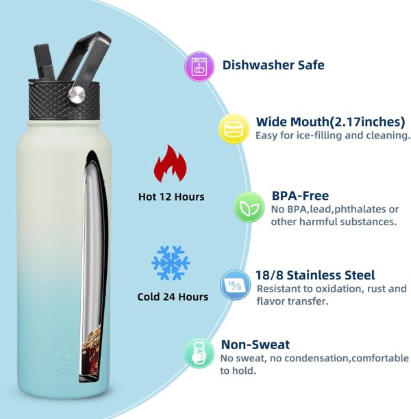 BJPKPK Insulated Water Bottles with Straw Lid, 50oz Large Water Jug, Stainless Steel Vacuum Bottles, Hot & Cold Thermos with 3 Lids and Paracord Handle,Stainless Steel - Image 248