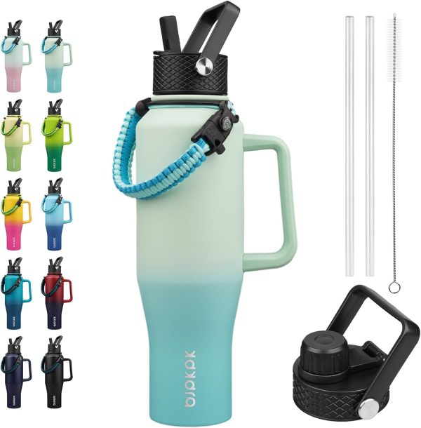 BJPKPK Insulated Water Bottles with Straw Lid, 35oz Metal Water Bottle with 2 lids & Paracord Strap, Double Wall Stainless Steel Tumbler with Handle, Reusable Cups, Mugs, Thermos, Sea - Image 34