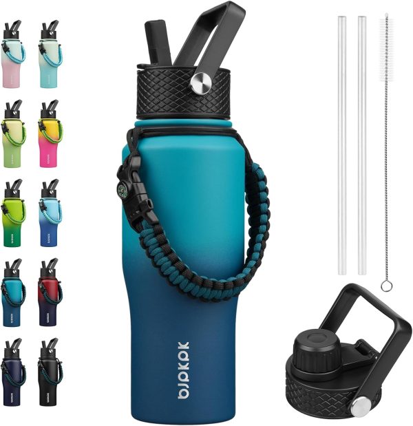 BJPKPK Insulated Water Bottles with Straw Lid, 35oz Metal Water Bottle with 2 lids & Paracord Strap, Double Wall Stainless Steel Tumbler with Handle, Reusable Cups, Mugs, Thermos, Sea - Image 38