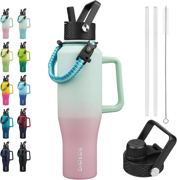 BJPKPK Insulated Water Bottles with Straw Lid, 35oz Metal Water Bottle with 2 lids & Paracord Strap, Double Wall Stainless Steel Tumbler with Handle, Reusable Cups, Mugs, Thermos, Sea - Image 40