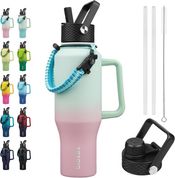 BJPKPK Insulated Water Bottles with Straw Lid, 35oz Metal Water Bottle with 2 lids & Paracord Strap, Double Wall Stainless Steel Tumbler with Handle, Reusable Cups, Mugs, Thermos, Sea - Image 42