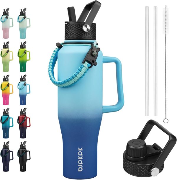 BJPKPK Insulated Water Bottles with Straw Lid, 35oz Metal Water Bottle with 2 lids & Paracord Strap, Double Wall Stainless Steel Tumbler with Handle, Reusable Cups, Mugs, Thermos, Sea - Image 56