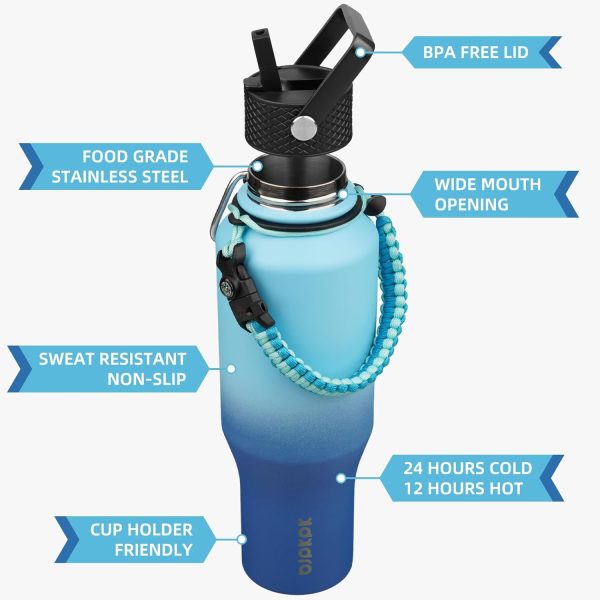 BJPKPK Insulated Water Bottles with Straw Lid, 35oz Metal Water Bottle with 2 lids & Paracord Strap, Double Wall Stainless Steel Tumbler with Handle, Reusable Cups, Mugs, Thermos, Sea - Image 68
