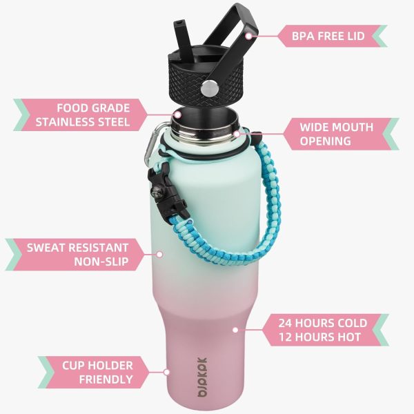 BJPKPK Insulated Water Bottles with Straw Lid, 35oz Metal Water Bottle with 2 lids & Paracord Strap, Double Wall Stainless Steel Tumbler with Handle, Reusable Cups, Mugs, Thermos, Sea - Image 70