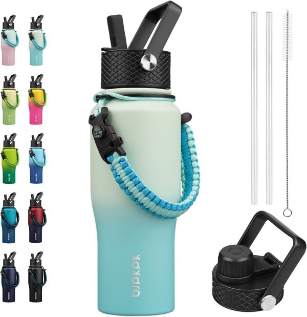 BJPKPK Insulated Water Bottles with Straw Lid, 35oz Metal Water Bottle with 2 lids & Paracord Strap, Double Wall Stainless Steel Tumbler with Handle, Reusable Cups, Mugs, Thermos, Sea - Image 71