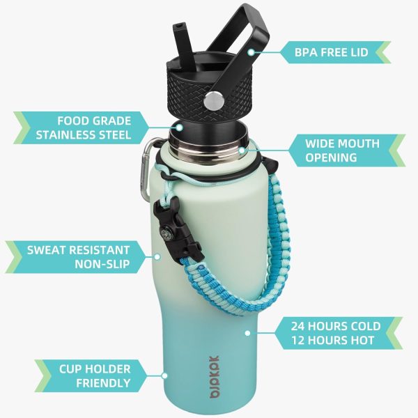 BJPKPK Insulated Water Bottles with Straw Lid, 35oz Metal Water Bottle with 2 lids & Paracord Strap, Double Wall Stainless Steel Tumbler with Handle, Reusable Cups, Mugs, Thermos, Sea - Image 72