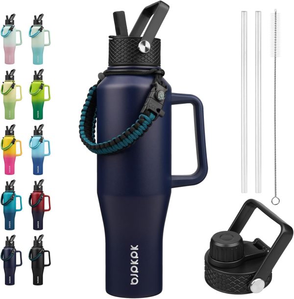 BJPKPK Insulated Water Bottles with Straw Lid, 35oz Metal Water Bottle with 2 lids & Paracord Strap, Double Wall Stainless Steel Tumbler with Handle, Reusable Cups, Mugs, Thermos, Sea - Image 75