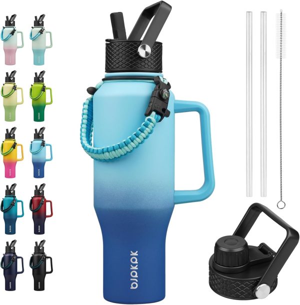BJPKPK Insulated Water Bottles with Straw Lid, 35oz Metal Water Bottle with 2 lids & Paracord Strap, Double Wall Stainless Steel Tumbler with Handle, Reusable Cups, Mugs, Thermos, Sea - Image 77