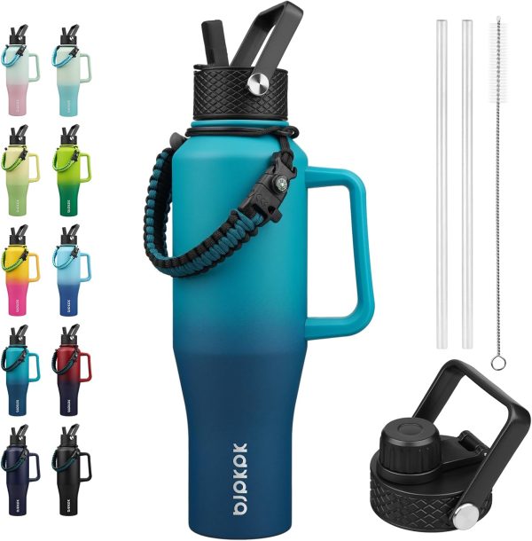 BJPKPK Insulated Water Bottles with Straw Lid, 35oz Metal Water Bottle with 2 lids & Paracord Strap, Double Wall Stainless Steel Tumbler with Handle, Reusable Cups, Mugs, Thermos, Sea - Image 80