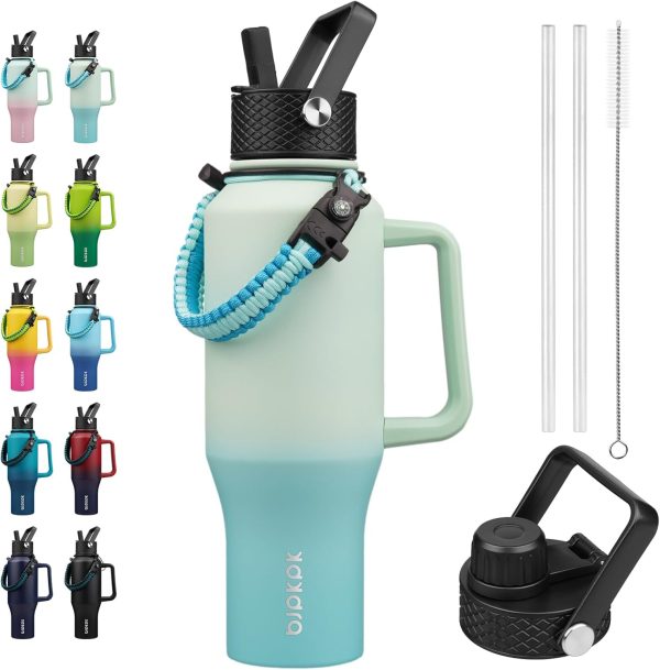 BJPKPK Insulated Water Bottles with Straw Lid, 35oz Metal Water Bottle with 2 lids & Paracord Strap, Double Wall Stainless Steel Tumbler with Handle, Reusable Cups, Mugs, Thermos, Sea - Image 81