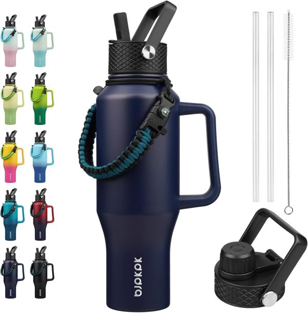 BJPKPK Insulated Water Bottles with Straw Lid, 35oz Metal Water Bottle with 2 lids & Paracord Strap, Double Wall Stainless Steel Tumbler with Handle, Reusable Cups, Mugs, Thermos, Sea - Image 92