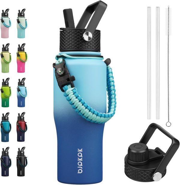 BJPKPK Insulated Water Bottles with Straw Lid, 35oz Metal Water Bottle with 2 lids & Paracord Strap, Double Wall Stainless Steel Tumbler with Handle, Reusable Cups, Mugs, Thermos, Sea - Image 98