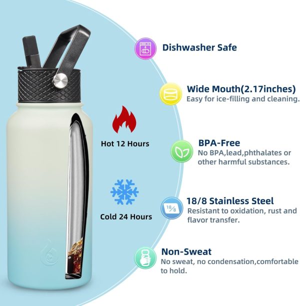 BJPKPK Insulated Water Bottles with Straw Lid, 50oz Large Water Jug, Stainless Steel Vacuum Bottles, Hot & Cold Thermos with 3 Lids and Paracord Handle,Stainless Steel - Image 336