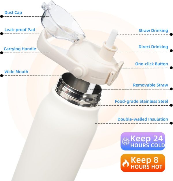 BJPKPK Insulated Water Bottles with Straw, 27 oz Cute Water Bottles with Handle, BPA Free Stainless Steel Metal Thermos, Easy Carry Thermos for Men & Women, White - Image 15