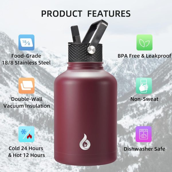 BJPKPK Insulated Water Bottles with Straw Lid, 50oz Large Water Jug, Stainless Steel Vacuum Bottles, Hot & Cold Thermos with 3 Lids and Paracord Handle,Stainless Steel - Image 369