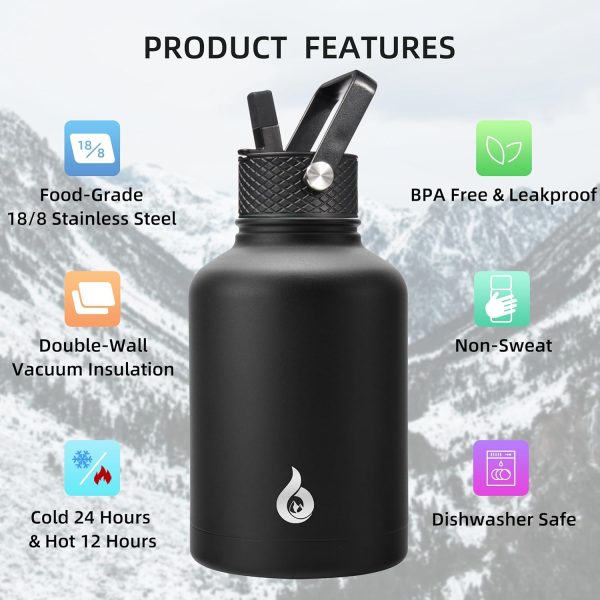 BJPKPK Insulated Water Bottles with Straw Lid, 50oz Large Water Jug, Stainless Steel Vacuum Bottles, Hot & Cold Thermos with 3 Lids and Paracord Handle,Stainless Steel - Image 373