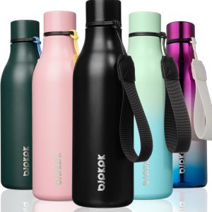 BJPKPK Insulated Water Bottles, 18 oz Stainless Steel Metal Water Bottle with Strap, BPA Free Leak Proof Thermos, Mugs, Flasks, Reusable Water Bottle for Sports & Travel, Black