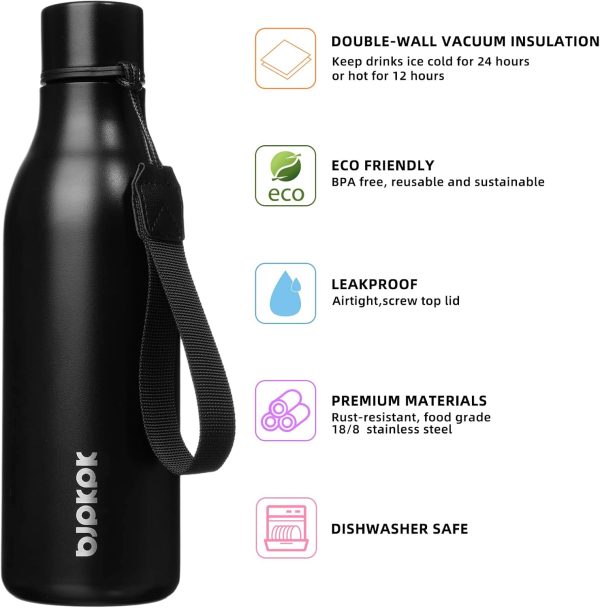 BJPKPK Insulated Water Bottles, 18 oz Stainless Steel Metal Water Bottle with Strap, BPA Free Leak Proof Thermos, Mugs, Flasks, Reusable Water Bottle for Sports & Travel, Black - Image 2