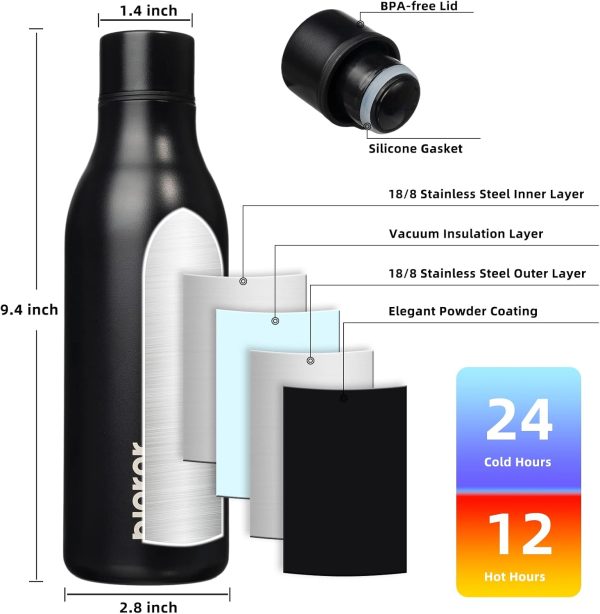 BJPKPK Insulated Water Bottles, 18 oz Stainless Steel Metal Water Bottle with Strap, BPA Free Leak Proof Thermos, Mugs, Flasks, Reusable Water Bottle for Sports & Travel, Black - Image 3